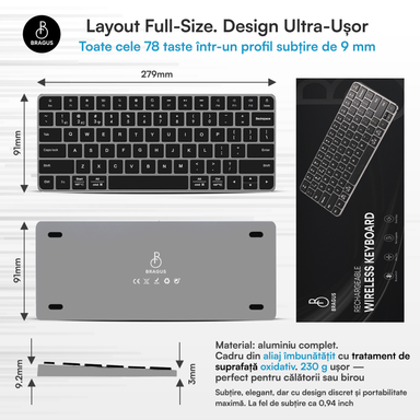 Tastatură Wireless Reîncărcabilă, BRAGUS, Bluetooth 5.1, USB, 500mAh, Ultra Subțire, Aluminiu, Conectare Simultană pe 3 Dispozitive, Compatibilă PC, Windows, Mac, iOS, Android, Type-C, 230g