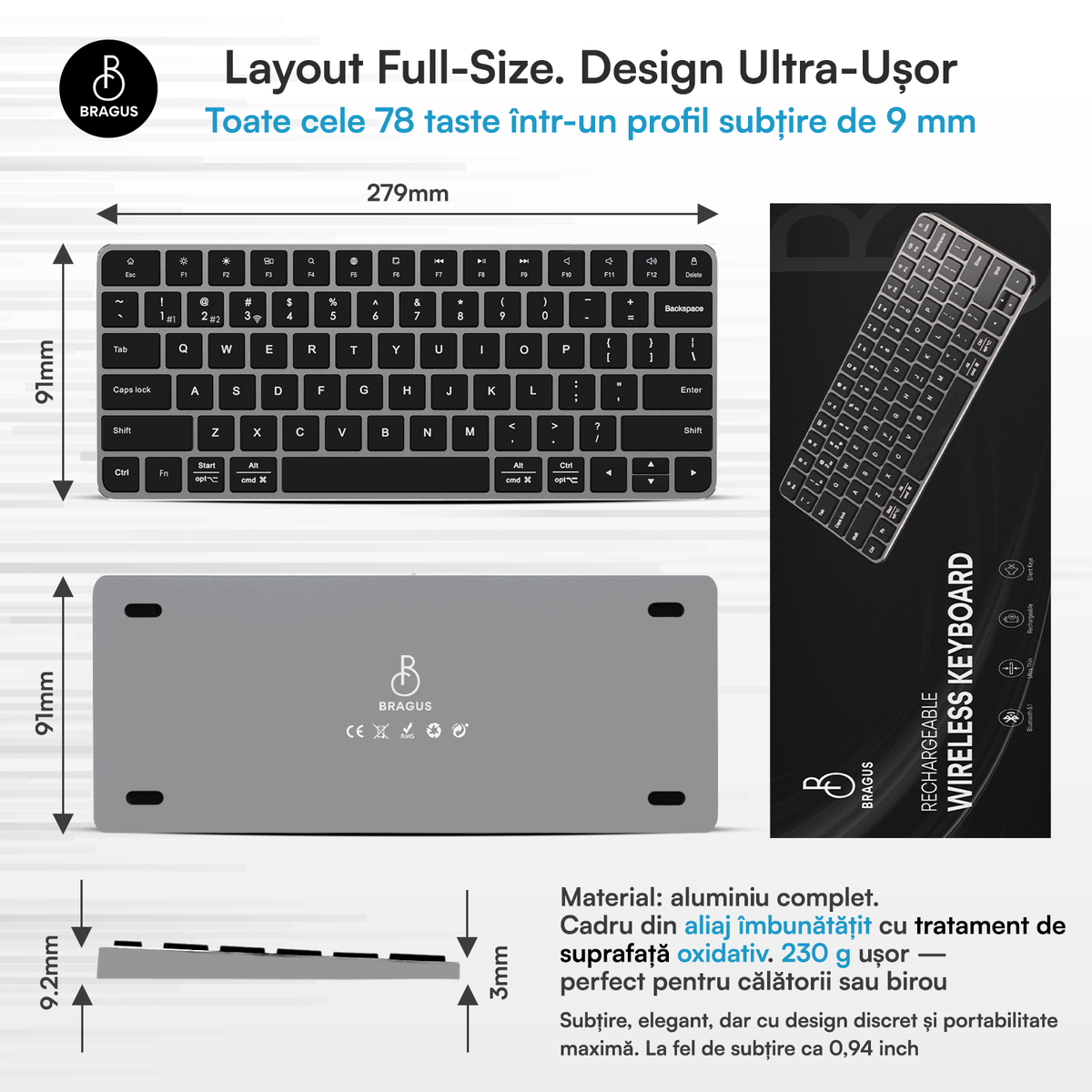 Tastatură Wireless Reîncărcabilă, BRAGUS, Bluetooth 5.1, USB, 500mAh, Ultra Subțire, Aluminiu, Conectare Simultană pe 3 Dispozitive, Compatibilă PC, Windows, Mac, iOS, Android, Type-C, 230g