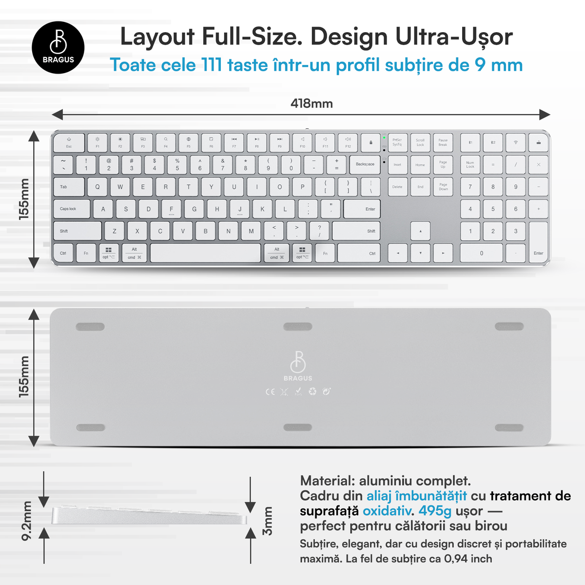 Tastatură Wireless Reîncărcabilă, Bluetooth 5.2, 500mAh, Ultra Subțire, Aluminiu, Taste Scissor Switch, Conectare la 3 Dispozitive, Compatibilă PC, Windows, Mac, iOS, Android, Type-C, 495g