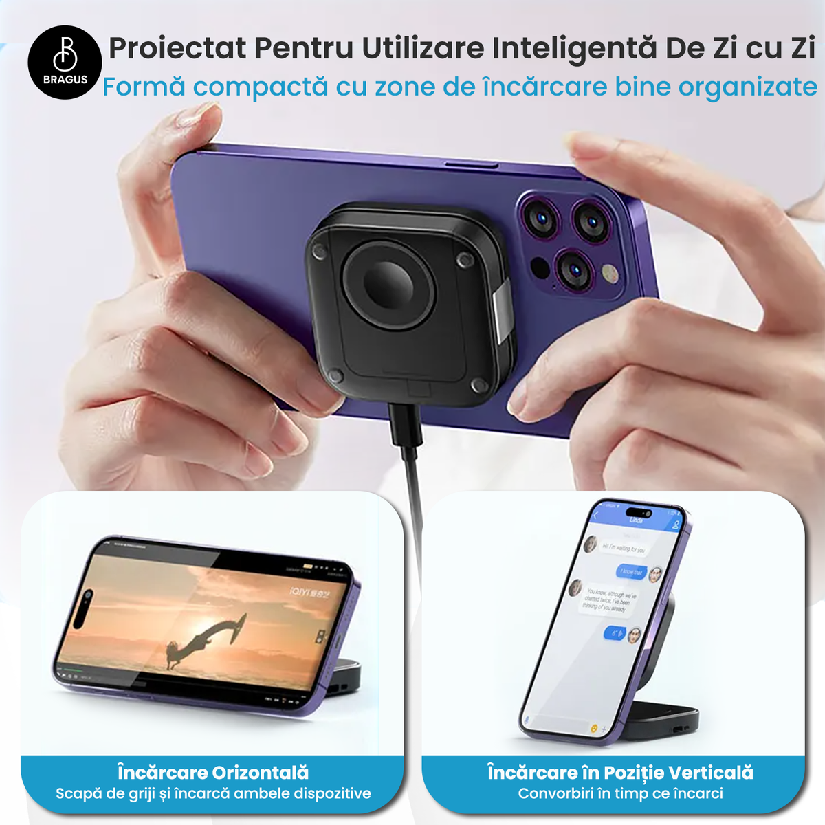 Încărcător Wireless 3 în 1, BRAGUS, Încărcare Simultană 3 Dispozitive, Încărcător Telefon Portabil, Tehnologie MagSafe, Reglabil, Încărcător Wireless Multiport, Compatibil iPhone, Apple Watch, AirPods