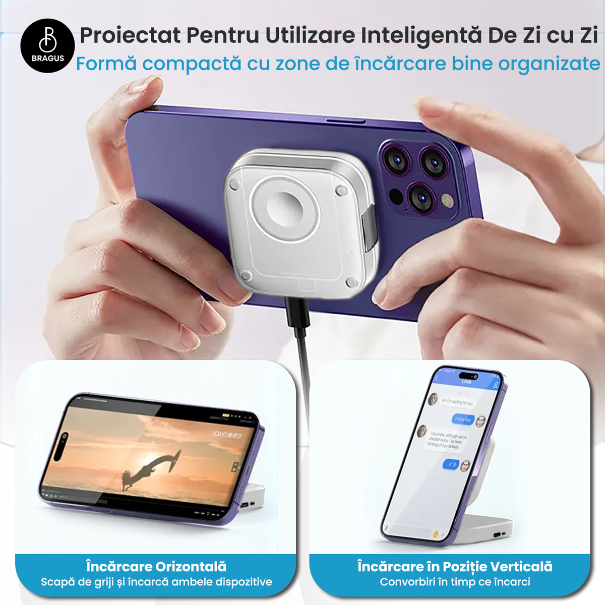 Încărcător Wireless 3 în 1, BRAGUS, Încărcare Simultană 3 Dispozitive, Încărcător Telefon Portabil, Tehnologie MagSafe, Reglabil, Încărcător Wireless Multiport, Compatibil iPhone, Apple Watch, AirPods