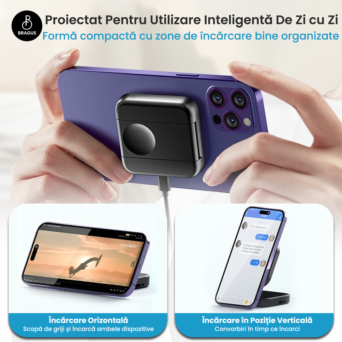Încărcător Wireless 2 în 1, Încărcare Simultană 2 Dispozitive, Pliabil, Tehnologie MagSafe, Încărcare Duală, Magnet Puternic, Suport pentru Telefon, Compatibil iPhone, Apple Watch, AirPods, Negru