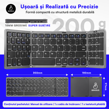 Tastatură Pliabilă Ultra Subțire, Bluetooth 5.0, Reîncărcabilă USB, 140mAh, Autonomie 100h, Pliabilă în 3 secțiuni, 3 Conexiuni Simultane, Wireless, Compatibilă cu Android, iOS, Smart TV, PC, 200g