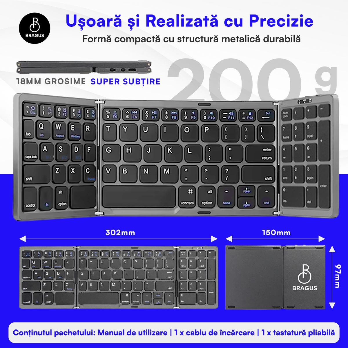Tastatură Pliabilă Ultra Subțire, Bluetooth 5.0, Reîncărcabilă USB, 140mAh, Autonomie 100h, Pliabilă în 3 secțiuni, 3 Conexiuni Simultane, Wireless, Compatibilă cu Android, iOS, Smart TV, PC, 200g