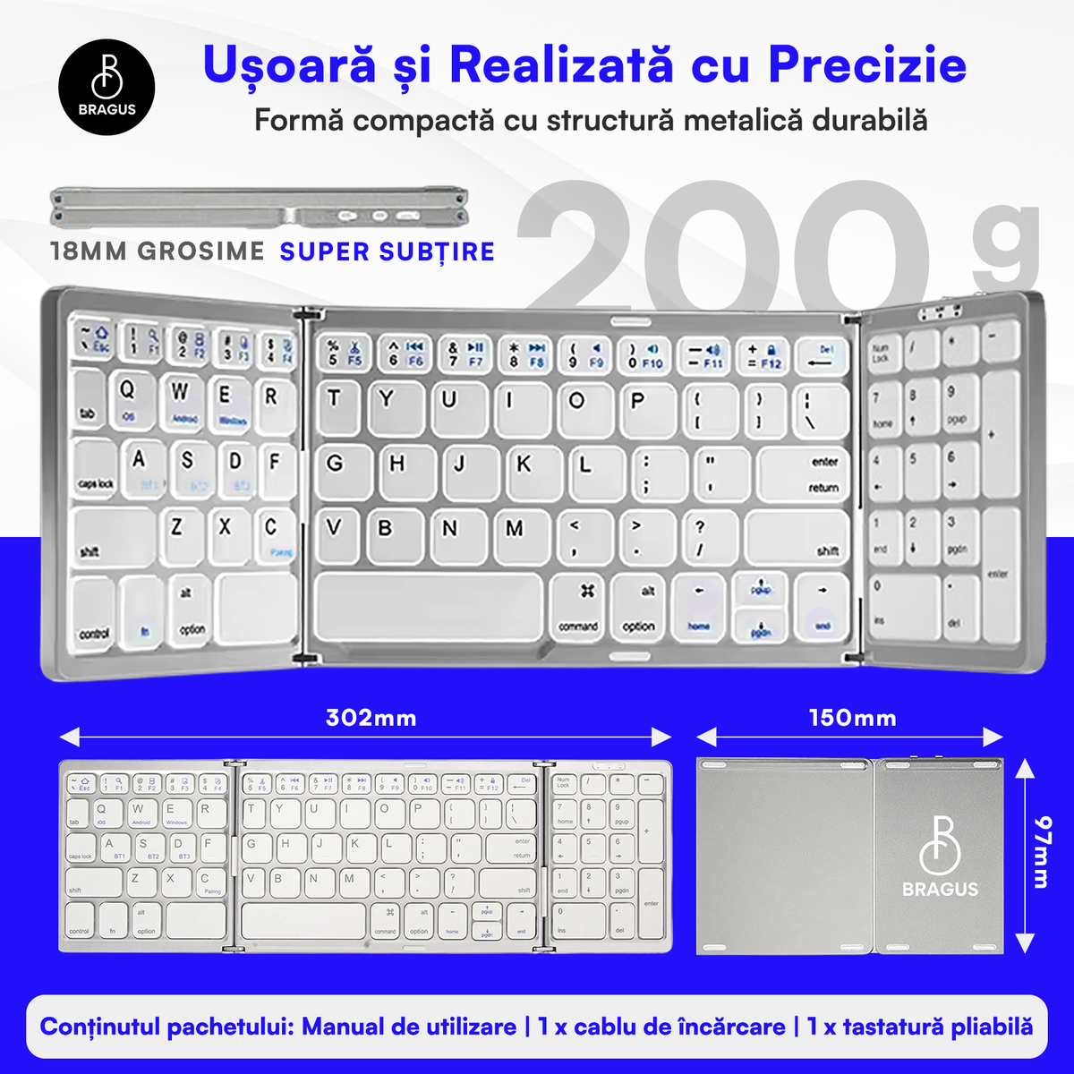 Tastatură Pliabilă Ultra Subțire, Bluetooth 5.0, Reîncărcabilă USB, 140mAh, Autonomie 100h, Pliabilă în 3 secțiuni, 3 Conexiuni Simultane, Wireless, Compatibilă cu Android, iOS, Smart TV, PC, 200g