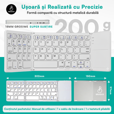 Tastatură wireless pliabilă, ultra-subțire, portabilă, reîncărcabilă USB-C, touch pad cu 2 click-uri, pliabilă în 3 secțiuni, Bluetooth 5.0, compatibilă Android, iOS, Smart TV, tabletă, PC, 200g