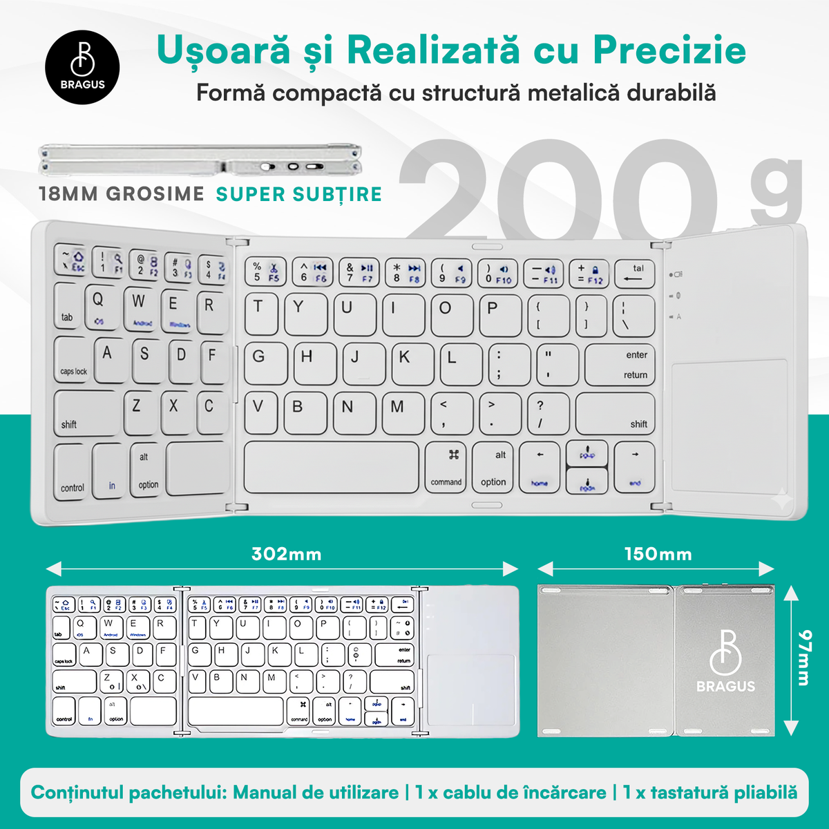 Tastatură wireless pliabilă, ultra-subțire, portabilă, reîncărcabilă USB-C, touch pad cu 2 click-uri, pliabilă în 3 secțiuni, Bluetooth 5.0, compatibilă Android, iOS, Smart TV, tabletă, PC, 200g