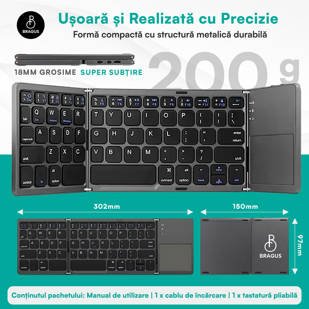 Tastatură wireless pliabilă, ultra-subțire, portabilă, reîncărcabilă USB-C, touch pad cu 2 click-uri, pliabilă în 3 secțiuni, Bluetooth 5.0, compatibilă Android, iOS, Smart TV, tabletă, PC, 200g