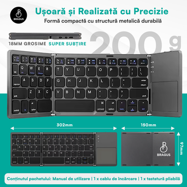 Tastatură wireless pliabilă, ultra-subțire, portabilă, reîncărcabilă USB-C, touch pad cu 2 click-uri, pliabilă în 3 secțiuni, Bluetooth 5.0, compatibilă Android, iOS, Smart TV, tabletă, PC, 200g