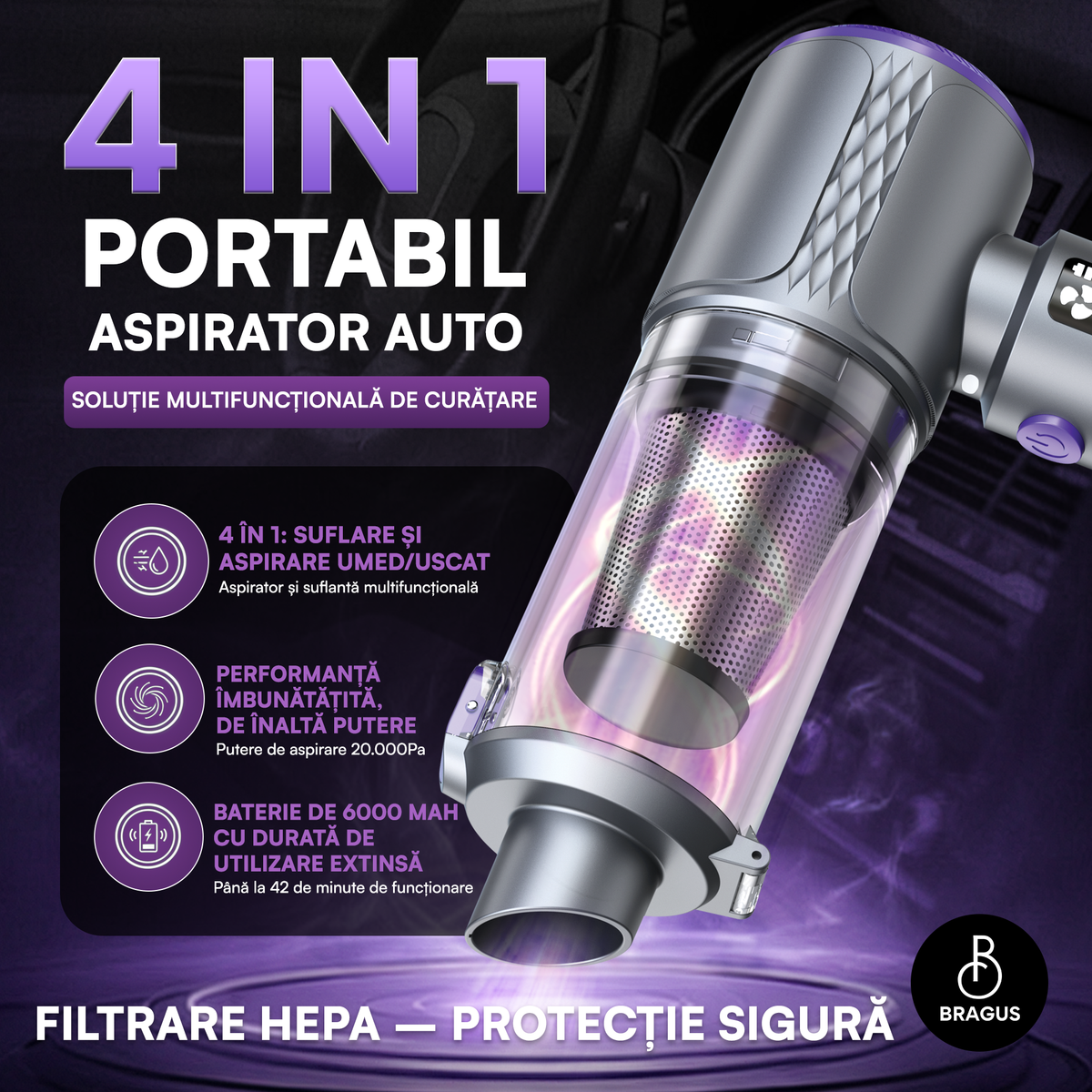 Mini Aspirator Auto Portabil, 20000 PA, Baterie 6000mAh, 130W, 110000RPM, Autonomie până la 42min, Lumină LED, Aspirare, Suflare, Vacuum, 3 Viteze, 7 Accesorii, 2 Filtre HEPA, Pentru Mașină