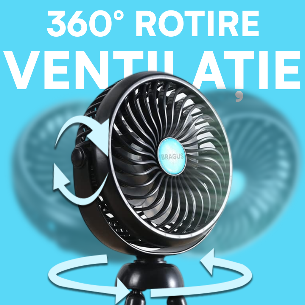 Ventilator Portabil, Trepied Flexibil și Detașabil, Baterie 2600mAh, Autonomie 10h, Reîncărcabil USB, 3 Trepte, Rotire 360, Silențios, Ventilator Mobil Birou, Călătorie, Camping, Mașină, Casă, Negru