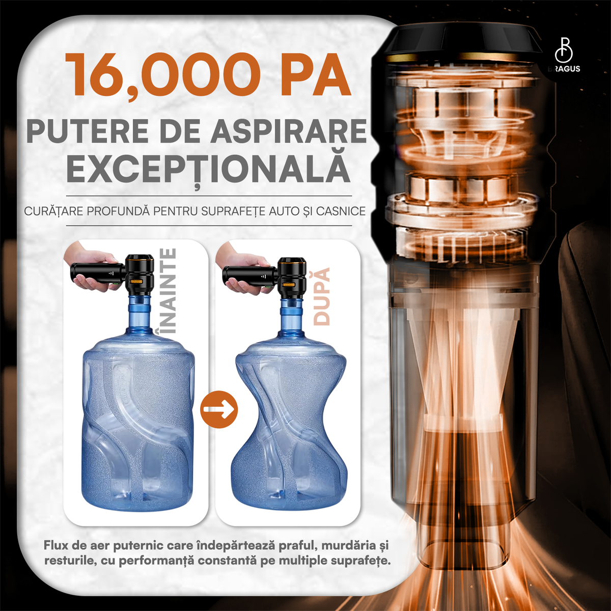 Mini Aspirator Auto Portabil, 16000 PA, Baterie 6000mAh, 100W, 90000RPM, Autonomie 30min, Aspirare, Suflare, Vacuum, 3 Viteze, 9 Accesorii, 3 Filtre HEPA Reutilizabile, Pentru Mașină și Casă