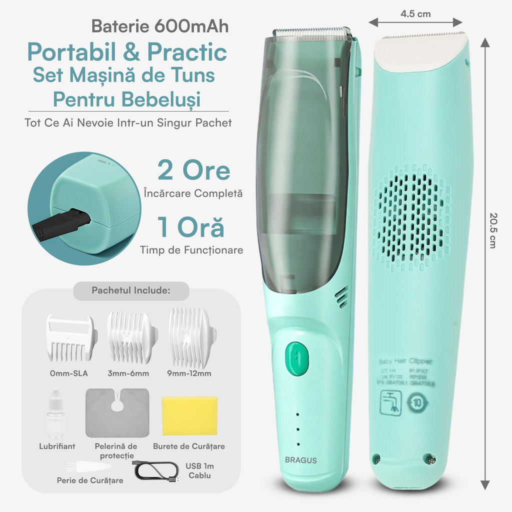 Aparat de Tuns pentru Bebelusi, Copii si Adulti, BRAGUS, 600mAh, 2 Trepte de Viteza, 2 Motoare Silentioase, Functie de Aspirare a Parului, Rezistent la Apa IPX7, Reincarcabil USB, 3 Piepteni Inclusi