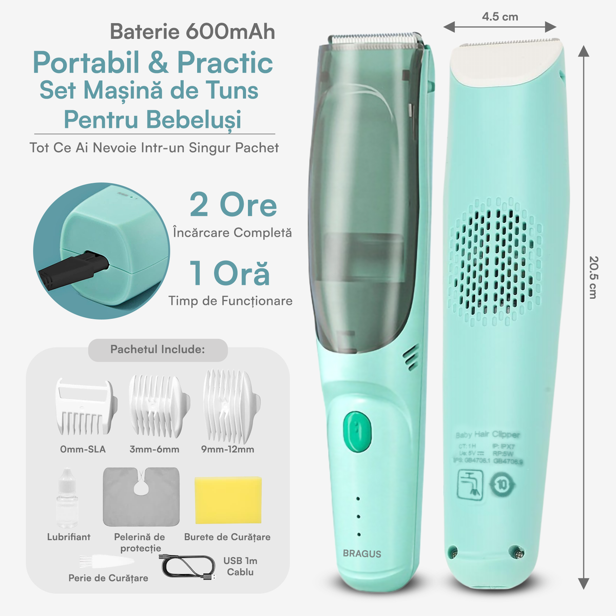 Aparat de Tuns pentru Bebelusi, Copii si Adulti, BRAGUS, 600mAh, 2 Trepte de Viteza, 2 Motoare Silentioase, Functie de Aspirare a Parului, Rezistent la Apa IPX7, Reincarcabil USB, 3 Piepteni Inclusi