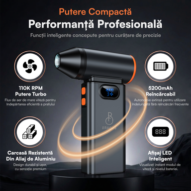 Suflantă Aer Comprimat, Portabilă, Turbo 110000 RPM, 4 Trepte de Viteză, Baterie 5200 mAh, Lumină LED, Până la 60 Minute Utilizare, Reîncărcabilă USB-C, Motor Brushless 100W, Pentru Curte sau Mașină