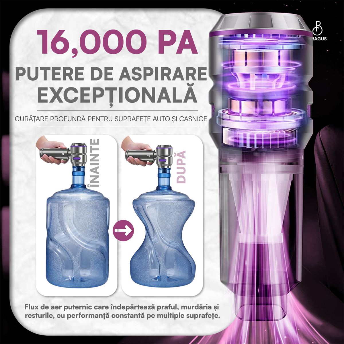 Mini Aspirator Auto Portabil, 16000 PA, Baterie 6000mAh, 100W, 90000RPM, Autonomie 30min, Aspirare, Suflare, Vacuum, 3 Viteze, 9 Accesorii, 3 Filtre HEPA Reutilizabile, Pentru Mașină și Casă