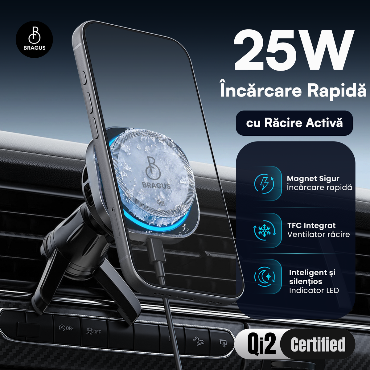 Încărcător Auto Wireless Magnetic, Încărcare Rapidă 25W, Funcție Răcire Integrată, Fixare Puternică, Protocol QI2.2, Lumină Ambientală, Adaptor 45W Inclus, Tehnologie MagSafe, Suport Pentru Telefon