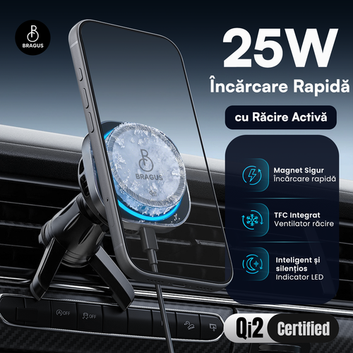 Încărcător Auto Wireless Magnetic, Încărcare Rapidă 25W, Funcție Răcire Integrată, Fixare Puternică, Protocol QI2.2, Lumină Ambientală, Adaptor 45W Inclus, Tehnologie MagSafe, Suport Pentru Telefon