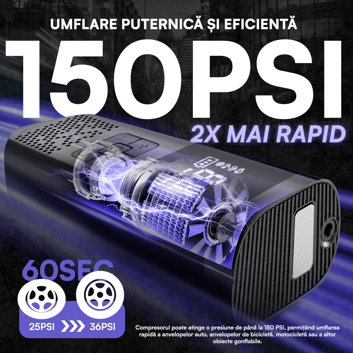 Compresor Auto Portabil, 3 în 1, Baterie 6000mAh tip Powerbank, Digital, Manometru, Lanternă LED, 150PSI, Debit 20L, Pompă Aer Mașină, 4 Accesorii, Încărcare USB, Umflare Roți, Minge, Bicicletă, Negru