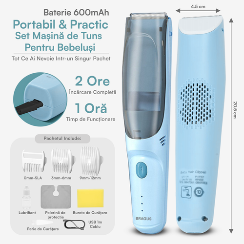 Aparat de Tuns BRAGUS Bebelusi/Adulti, Aspirare Par, IPX7, Albastru