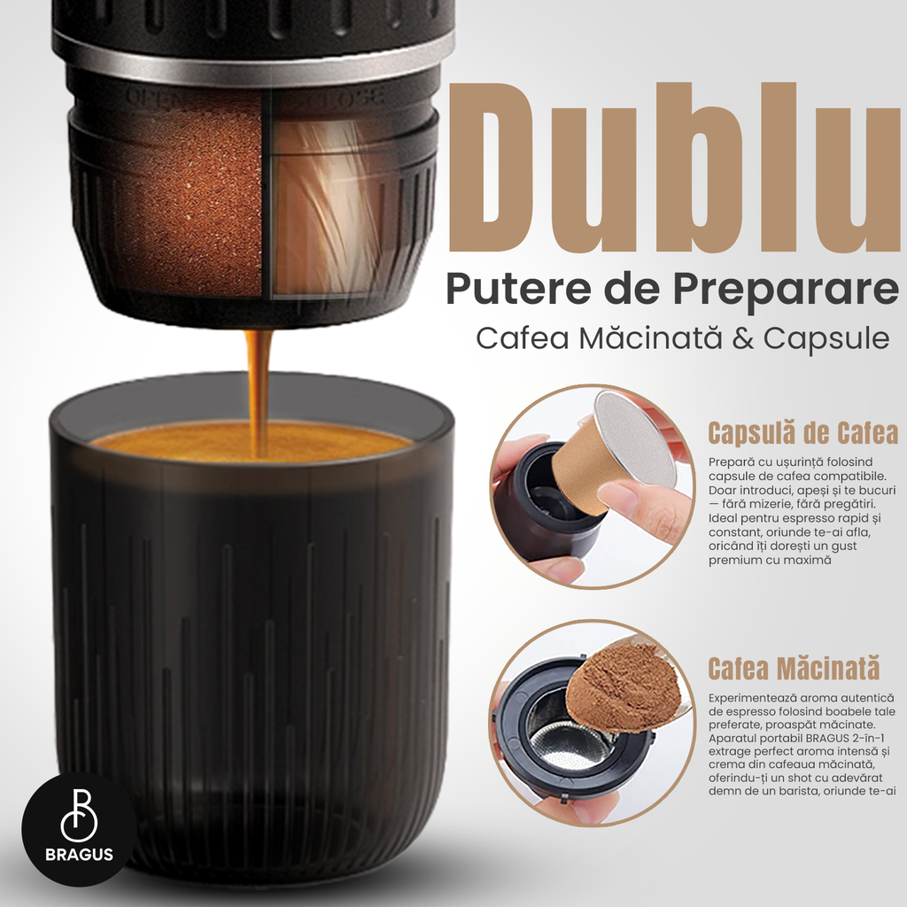 Espressor Portabil 2 în 1, Premium, pentru Cafea Măcinată sau Capsule, Reîncărcabil, Presiune 19 Bari, Baterie 7500mAh, Aparat de Cafea Portabil, Funcție de Încălzire Integrată, Încărcare Rapidă, Design Modern