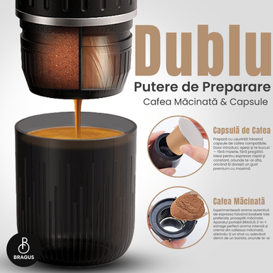 Espressor Portabil 2 în 1, Premium, pentru Cafea Măcinată sau Capsule, Reîncărcabil, Presiune 19 Bari, Baterie 7500mAh, Aparat de Cafea Portabil, Funcție de Încălzire Integrată, Încărcare Rapidă, Design Modern
