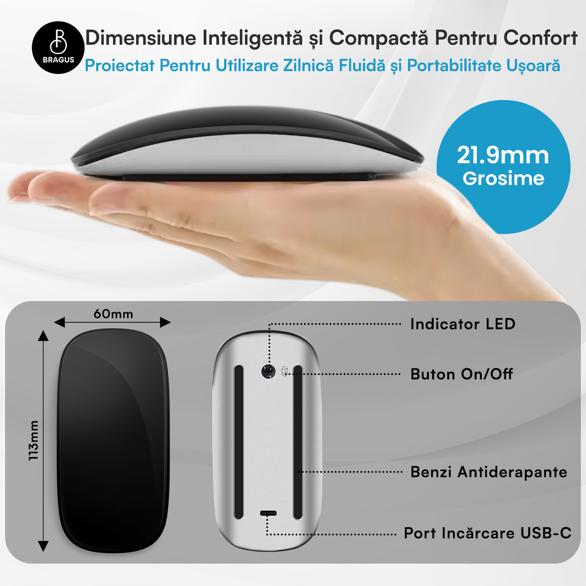 Mouse Wireless cu Gesturi, BRAGUS, Reîncărcabil USB-C, Ultra Subțire, 1600 dpi, 68gr, Mouse Touch cu Gesturi, Silențios, Design Elegant, Compact, Mouse fără fir, Compatibil cu Laptop, Telefon, Tabletă