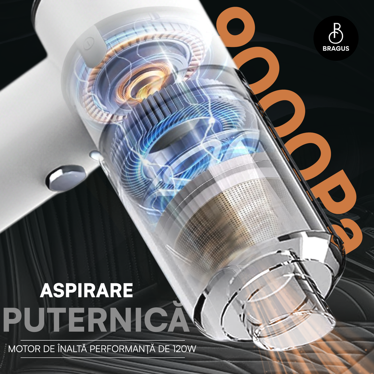 Mini Aspirator Auto Portabil, Acumulator 2400mAh, 9000Pa, 120W, Autonomie 30min, 2 în 1 Aspirare și Suflare, Vidare, Umflare, LED, Filtru HEPA, 3 Filtre Incluse, pentru Mașină și Casă, Încărcare USB