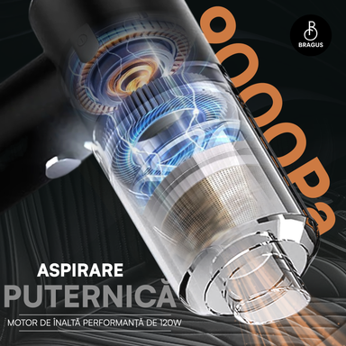 Mini Aspirator Auto Portabil, Acumulator 2400mAh, 9000Pa, 120W, Autonomie 30min, 2 în 1 Aspirare și Suflare, Vidare, Umflare, LED, Filtru HEPA, 3 Filtre Incluse, pentru Mașină și Casă, Încărcare USB