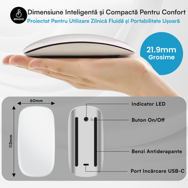 Mouse Wireless cu Gesturi, BRAGUS, Reîncărcabil USB-C, Ultra Subțire, 1600 dpi, 68gr, Mouse Touch cu Gesturi, Silențios, Design Elegant, Compact, Mouse fără fir, Compatibil cu Laptop, Telefon, Tabletă