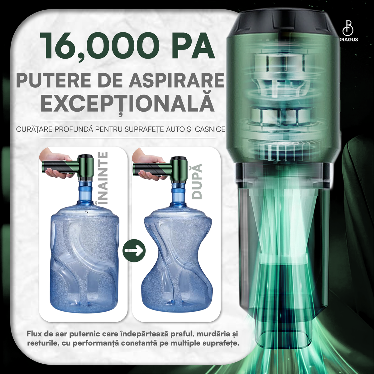 Mini Aspirator Portabil, BRAGUS, Pliabil, 16000Pa, 100W, Baterie 6000mAh, Autonomie 30min, 2în1 Aspirare și Suflare, Vidare, Umflare, 9 Accesorii, 3 Viteze, Filtru HEPA Reutilizabil, 3 Filtre