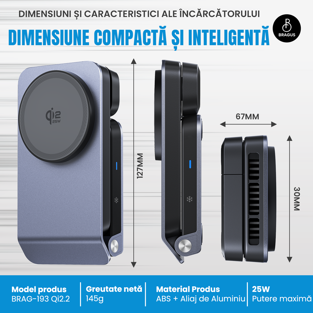 Încărcător Wireless 3 în 1, Încărcare Simultana 3 Dispozitive, Fast Charge 25W, Funcție Răcire Integrată, Tehnologie MagSafe, Protejează Bateria, QI2, Pliabil, Compact, Portabil, Compatibil Apple