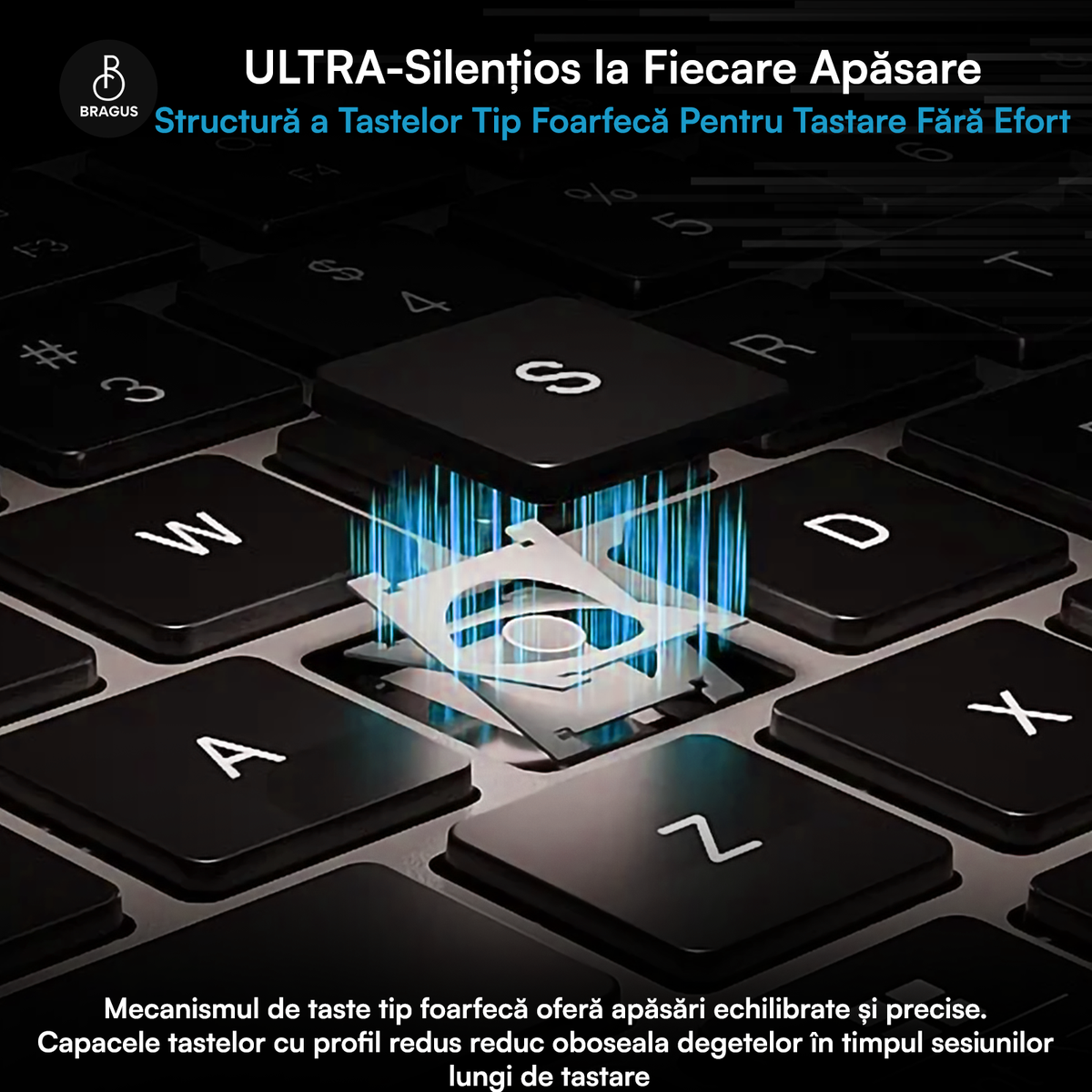 Tastatură Wireless Reîncărcabilă, BRAGUS, Bluetooth 5.1, USB, 500mAh, Ultra Subțire, Aluminiu, Conectare Simultană pe 3 Dispozitive, Compatibilă PC, Windows, Mac, iOS, Android, Type-C, 230g