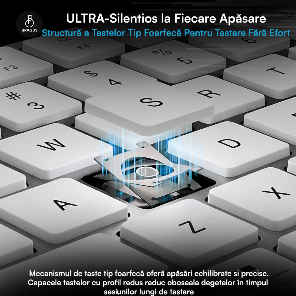Tastatură Wireless Reîncărcabilă, BRAGUS, Bluetooth 5.1, USB, 500mAh, Ultra Subțire, Aluminiu, Conectare Simultană pe 3 Dispozitive, Compatibilă PC, Windows, Mac, iOS, Android, Type-C, 230g