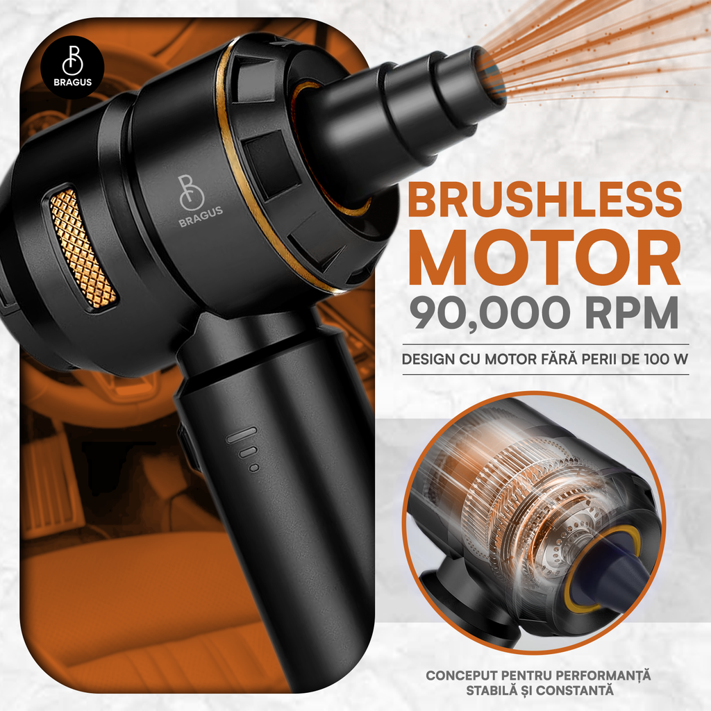 Mini Aspirator Auto Portabil, 16000 PA, Baterie 6000mAh, 100W, 90000RPM, Autonomie 30min, Aspirare, Suflare, Vacuum, 3 Viteze, 9 Accesorii, 3 Filtre HEPA Reutilizabile, Pentru Mașină și Casă