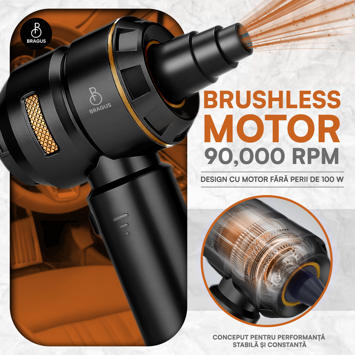 Mini Aspirator Auto Portabil, 16000 PA, Baterie 6000mAh, 100W, 90000RPM, Autonomie 30min, Aspirare, Suflare, Vacuum, 3 Viteze, 9 Accesorii, 3 Filtre HEPA Reutilizabile, Pentru Mașină și Casă