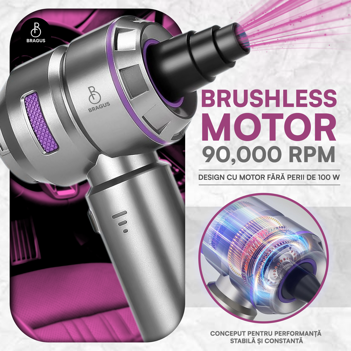 Mini Aspirator Auto Portabil, 16000 PA, Baterie 6000mAh, 100W, 90000RPM, Autonomie 30min, Aspirare, Suflare, Vacuum, 3 Viteze, 9 Accesorii, 3 Filtre HEPA Reutilizabile, Pentru Mașină și Casă