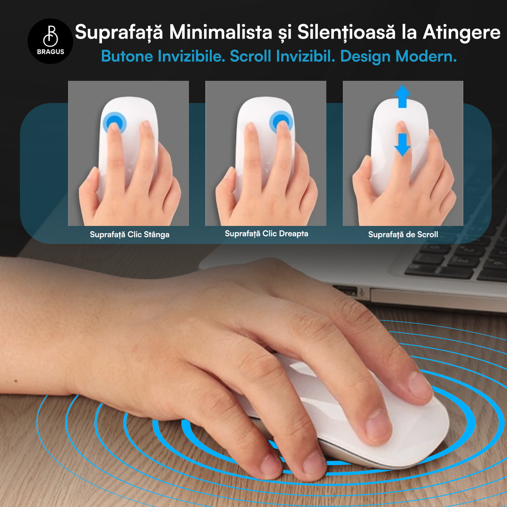 Mouse Wireless cu Gesturi, BRAGUS, Reîncărcabil USB-C, Ultra Subțire, 1600 dpi, 68gr, Mouse Touch cu Gesturi, Silențios, Design Elegant, Compact, Mouse fără fir, Compatibil cu Laptop, Telefon, Tabletă