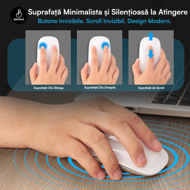 Mouse Wireless cu Gesturi, BRAGUS, Reîncărcabil USB-C, Ultra Subțire, 1600 dpi, 68gr, Mouse Touch cu Gesturi, Silențios, Design Elegant, Compact, Mouse fără fir, Compatibil cu Laptop, Telefon, Tabletă