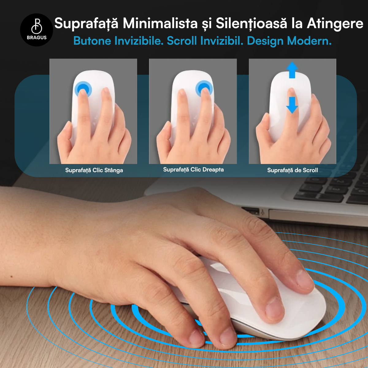 Mouse Wireless cu Gesturi, BRAGUS, Reîncărcabil USB-C, Ultra Subțire, 1600 dpi, 68gr, Mouse Touch cu Gesturi, Silențios, Design Elegant, Compact, Mouse fără fir, Compatibil cu Laptop, Telefon, Tabletă