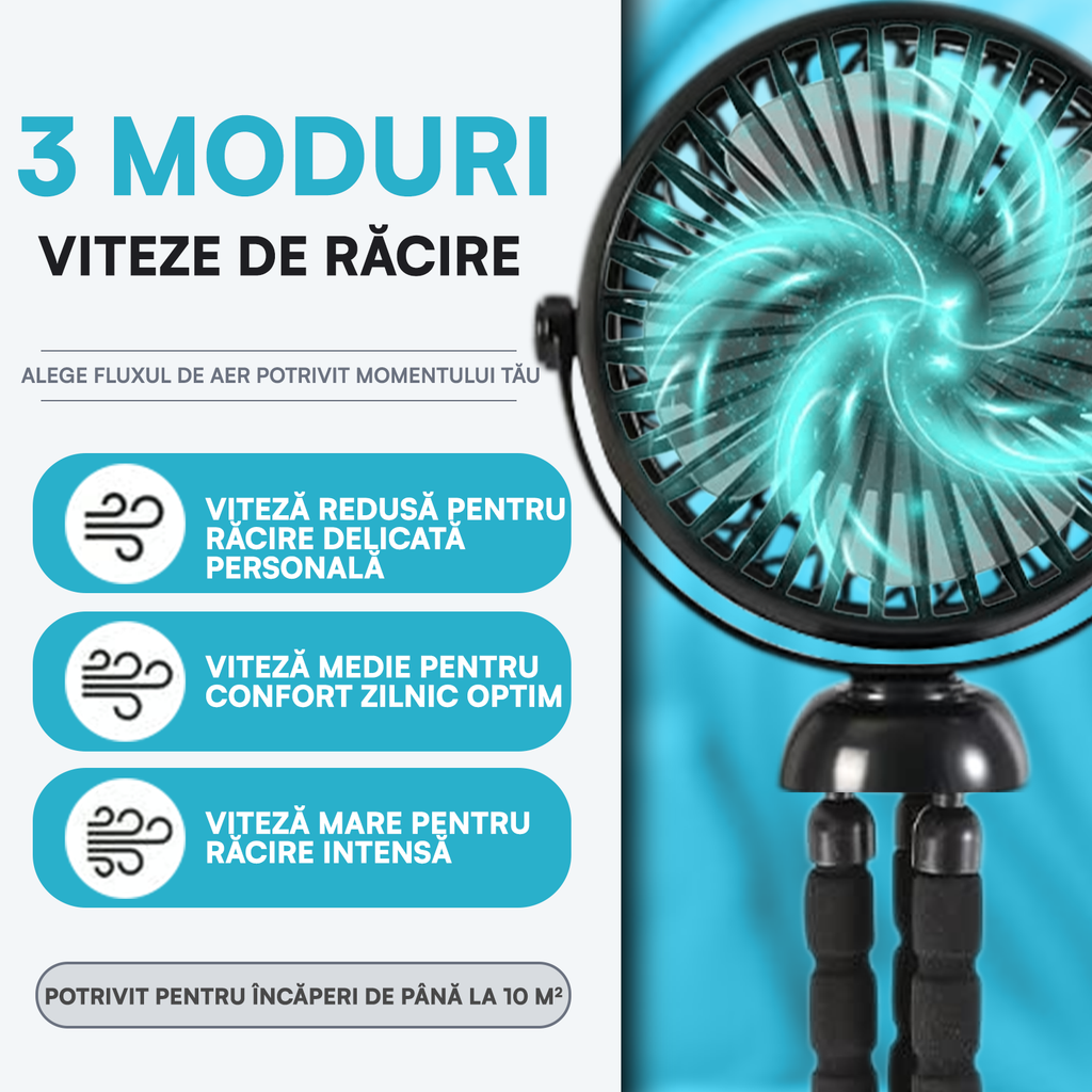 Ventilator Portabil, Trepied Flexibil și Detașabil, Baterie 2600mAh, Autonomie 10h, Reîncărcabil USB, 3 Trepte, Rotire 360, Silențios, Ventilator Mobil Birou, Călătorie, Camping, Mașină, Casă, Negru