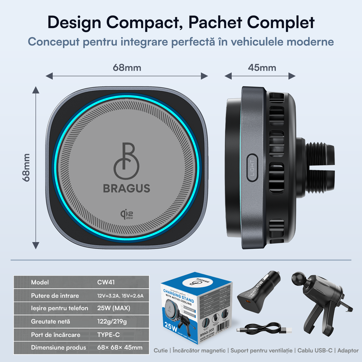 Încărcător Auto Wireless Magnetic, Încărcare Rapidă 25W, Funcție Răcire Integrată, Fixare Puternică, Protocol QI2.2, Lumină Ambientală, Adaptor 45W Inclus, Tehnologie MagSafe, Suport Pentru Telefon