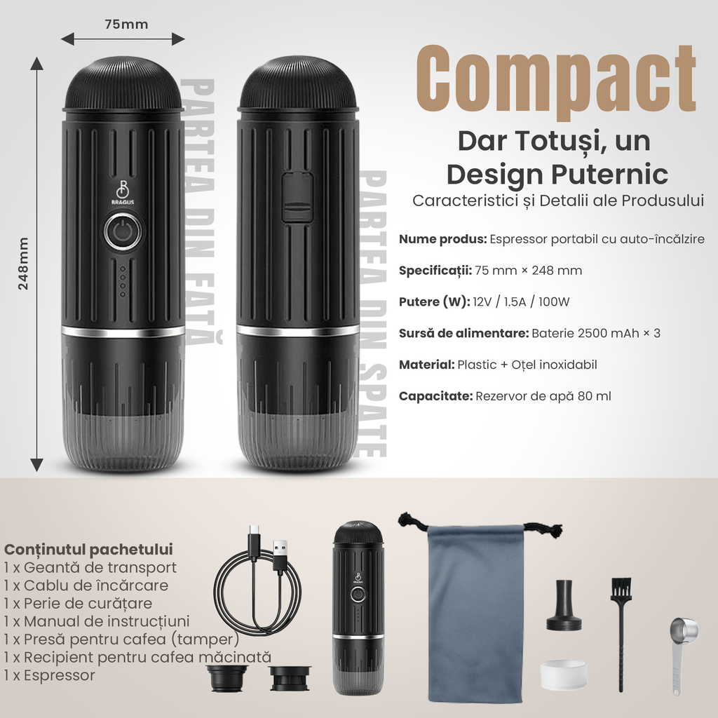 Espressor Portabil 2 în 1, Premium, pentru Cafea Măcinată sau Capsule, Reîncărcabil, Presiune 19 Bari, Baterie 7500mAh, Aparat de Cafea Portabil, Funcție de Încălzire Integrată, Încărcare Rapidă, Design Modern