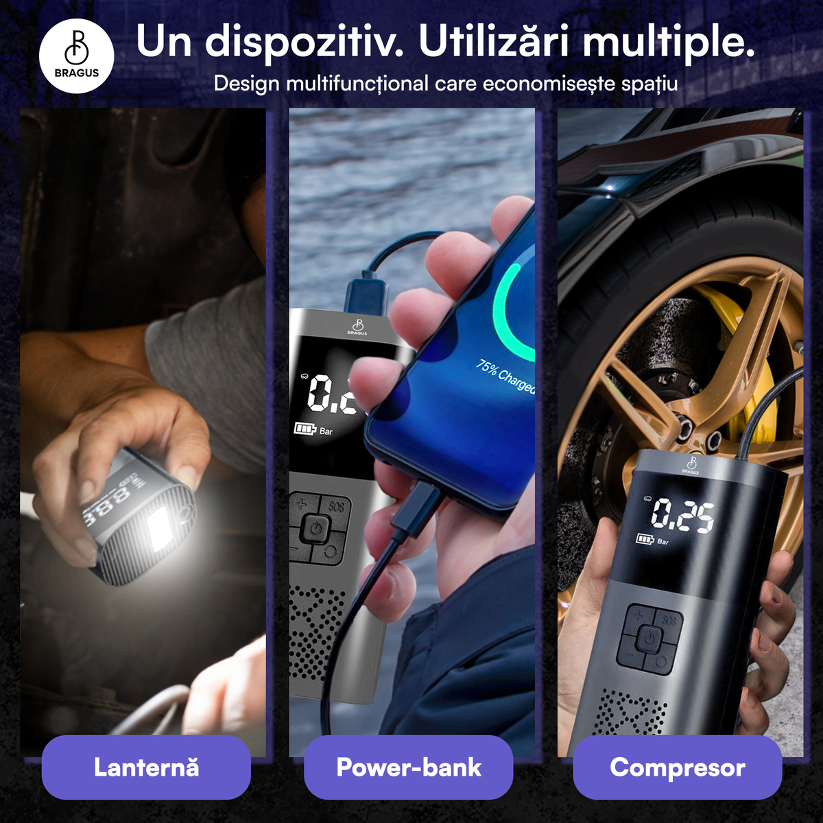 Compresor Auto Portabil, 3 în 1, Baterie 6000mAh tip Powerbank, Digital, Manometru, Lanternă LED, 150PSI, Debit 20L, Pompă Aer Mașină, 4 Accesorii, Încărcare USB, Umflare Roți, Minge, Bicicletă, Negru