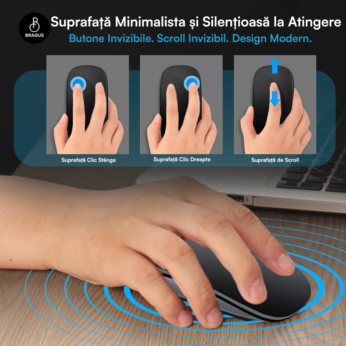 Mouse Wireless cu Gesturi, BRAGUS, Reîncărcabil USB-C, Ultra Subțire, 1600 dpi, 68gr, Mouse Touch cu Gesturi, Silențios, Design Elegant, Compact, Mouse fără fir, Compatibil cu Laptop, Telefon, Tabletă