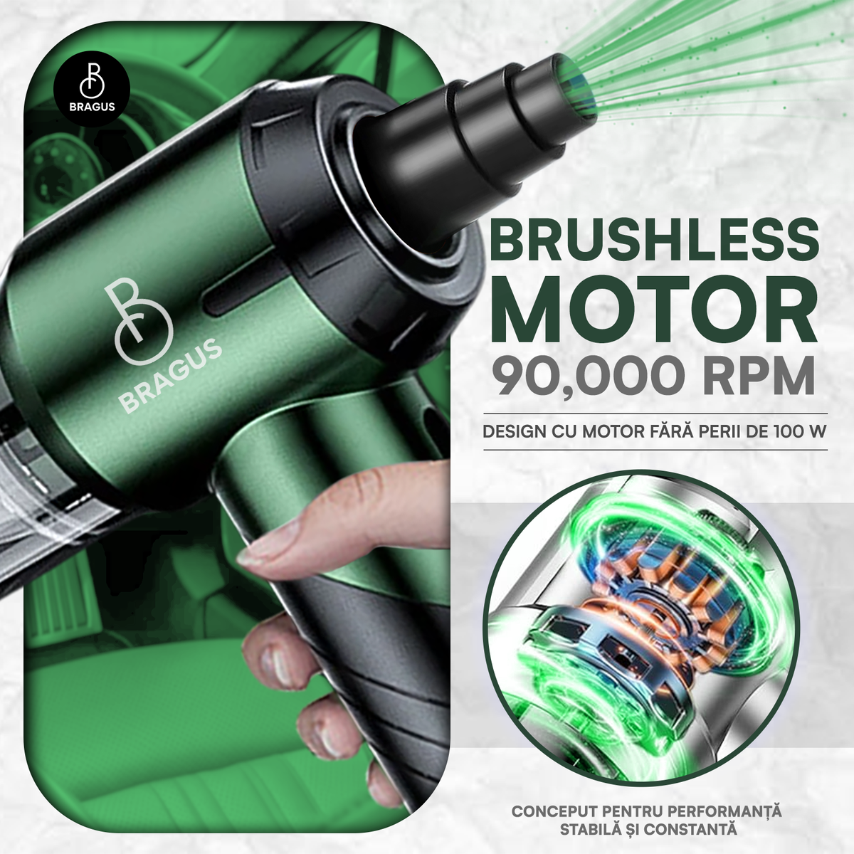 Mini Aspirator Portabil, BRAGUS, Pliabil, 16000Pa, 100W, Baterie 6000mAh, Autonomie 30min, 2în1 Aspirare și Suflare, Vidare, Umflare, 9 Accesorii, 3 Viteze, Filtru HEPA Reutilizabil, 3 Filtre