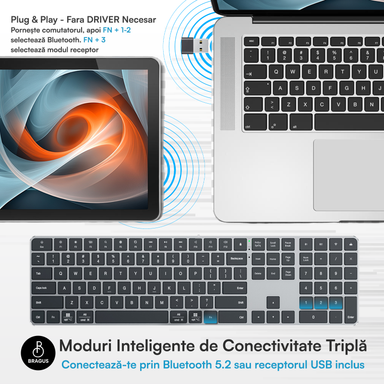 Tastatura Wireless BRAGUS BT 5.2, Aluminiu, 495g, Type-C, Negru