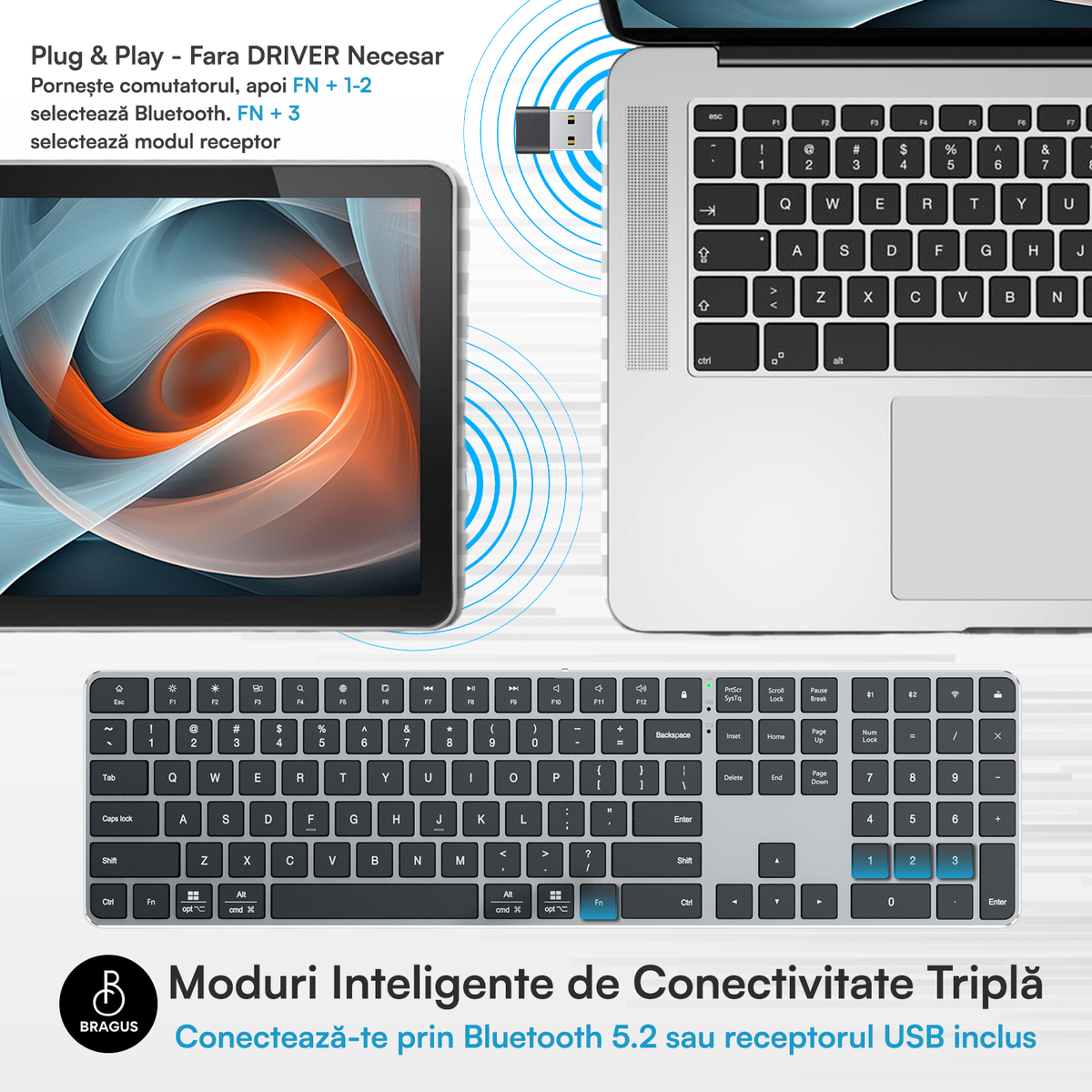 Tastatură Wireless Reîncărcabilă, Bluetooth 5.2, 500mAh, Ultra Subțire, Aluminiu, Taste Scissor Switch, Conectare la 3 Dispozitive, Compatibilă PC, Windows, Mac, iOS, Android, Type-C, 495g