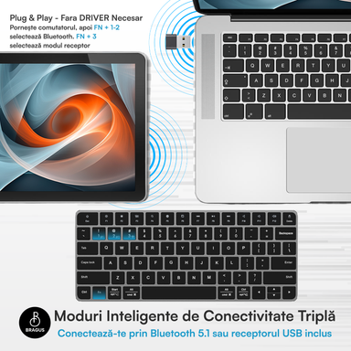 Tastatură Wireless Reîncărcabilă, BRAGUS, Bluetooth 5.1, USB, 500mAh, Ultra Subțire, Aluminiu, Conectare Simultană pe 3 Dispozitive, Compatibilă PC, Windows, Mac, iOS, Android, Type-C, 230g