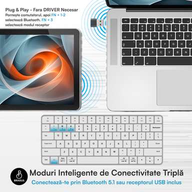 Tastatură Wireless Reîncărcabilă, BRAGUS, Bluetooth 5.1, USB, 500mAh, Ultra Subțire, Aluminiu, Conectare Simultană pe 3 Dispozitive, Compatibilă PC, Windows, Mac, iOS, Android, Type-C, 230g